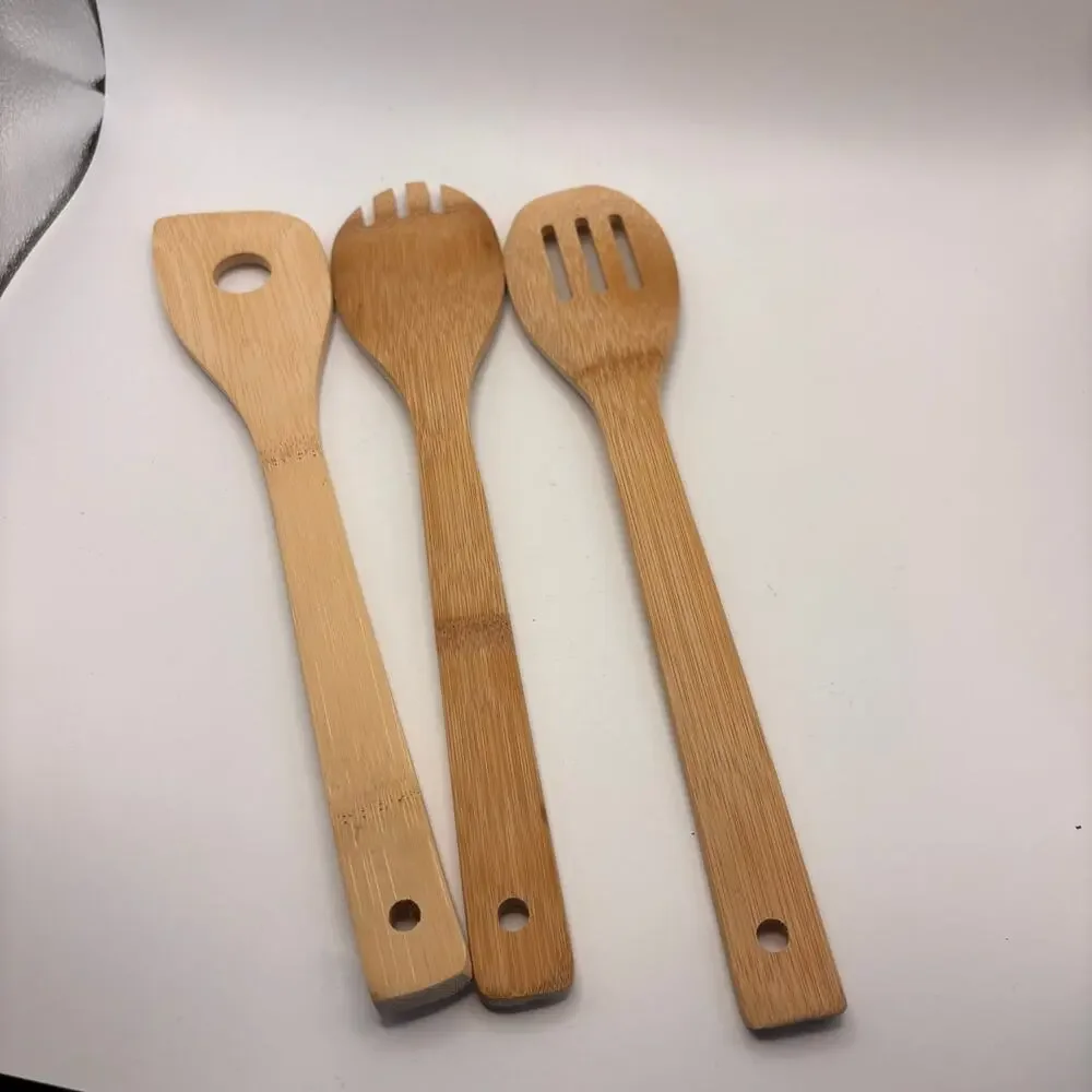 Wooden Cooking Utensil Set 3 Pc Spoon Spatula Slotted Eco Friendly Tool